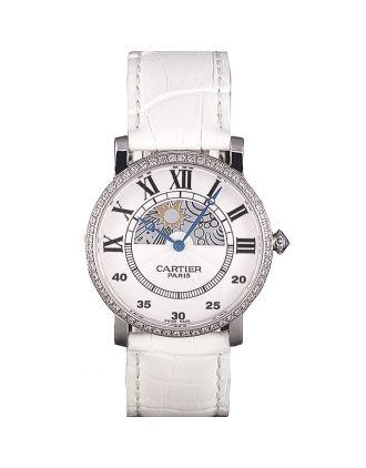 Cartier Moonphase Silver Watch with White Leather Band ct257 621376
