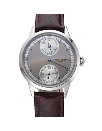 Patek Philippe Geneve Two Dial Gray Dial Stainless Steel Bezel Brown Leather Band 622147