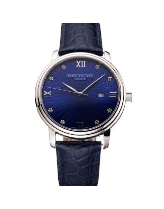 Patek Philippe Calatrava Date Blue Dial Stainless Steel Case Blue Leather Strap