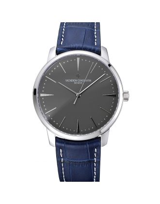Swiss Vacheron Constantin Patrimony Grey Dial Silver Case Blue Leather Bracelet 1454159