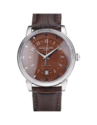 Patek Philippe Swiss Calatrava Ribbed Bezel Brown Dial Brown Leather Strap 7658