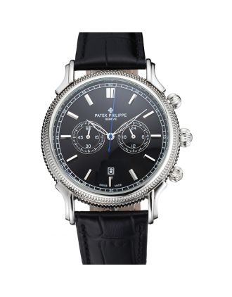 Patek Philippe Chronograph Black Dial Stainless Steel Case Black Leather Strap