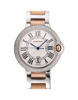 Swiss Ballon Blue De Cartier Diamond Steel Case White Dial Roman Numerals Two Tone Bracelet 622647