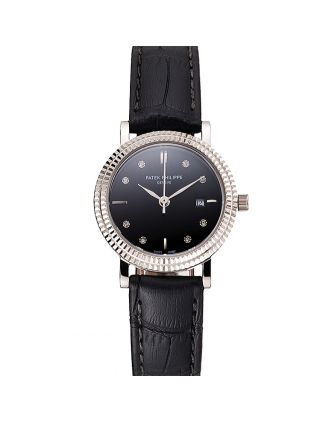 Patek Philippe Calatrava Black Dial Diamond Hour Marks Double Ribbed Bezel Stainless Steel Case Black Leather Strap