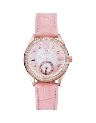 Omega DeVille Prestige Pink Dial Gold Diamond Case Pink Leather Bracelet 1454126