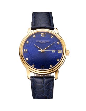 Patek Philippe Calatrava Date Blue Embossed Dial Gold Case Blue Leather Strap