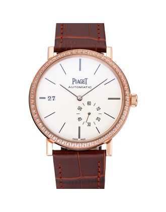 Piaget Altiplano Diamond Gold Case White Dial Brown Leather Bracelet 622627