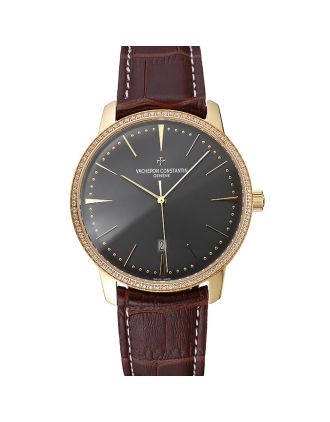 Swiss Vacheron Constantin Patrimony Grey Dial Gold Diamonds Case Brown Leather Bracelet 1454182