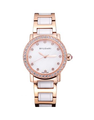 Bvlgari Bvlgari White Pearl Diamond Hourmarks Dial Gold Case Diamond Bezel Two Tone Bracelet