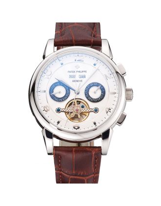 Patek Philippe Perpetual Calendar Tourbillon White Dial Stainless Steel Case Brown Leather Strap