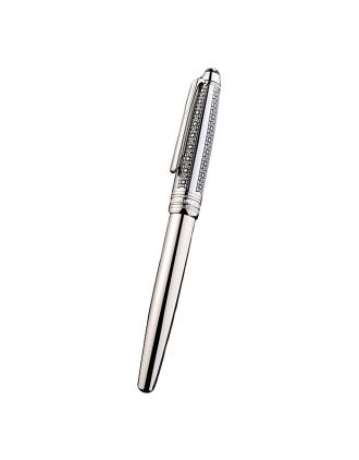 MontBlanc Silver Ballpoint Pen With MB Engraved Black Floral Design Silver Cap