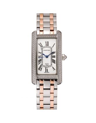 Cartier Tank Americaine White Dial Diamond Bezel Stainless Steel Case Two Tone Bracelet 1453778