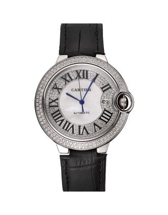 Swiss Cartier Ballon Bleu 46 MM Diamond Dial Diamond Case Black Leather Bracelet 1453894