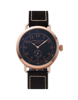 Hamilton Navy Pioneer Small Second Black Dial Rose Gold Case Black Leather Strap