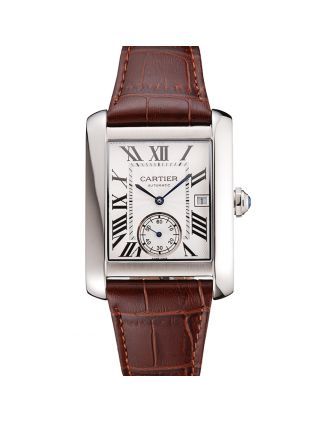 Swiss Cartier Tank MC White Dial Stainless Steel Case Brown Leather Strap