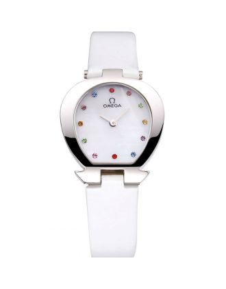 Omega Ladies Watch White Dial With Jewels Stainless Steel Case White Leather Strap 622817