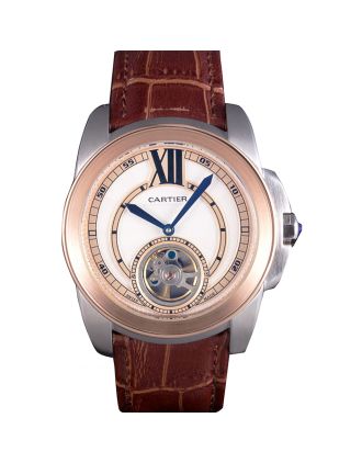 Cartier Calibre Flying Tourbillon White Dial Two Tone Case Brown Leather Bracelet