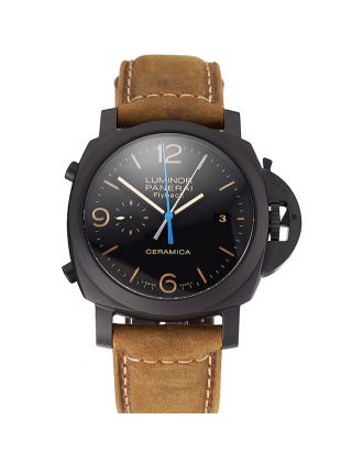 Swiss Panerai Luminor Ceramica Flyback Chronograph Black Dial Black Case Brown Leather Strap