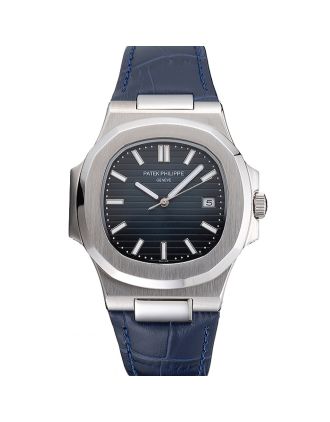 Patek Philippe Nautilus Blue Dial Brushed Stainless Steel Case Blue Leather Strap