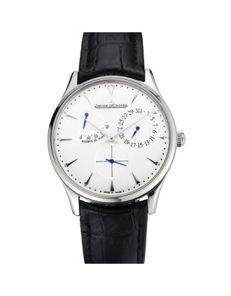 Swiss Jaeger LeCoultre Master Ultra Thin Reserve De Marche White Dial Stainless Steel Case Black Leather Strap