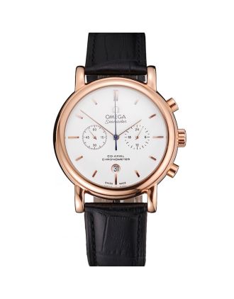 Omega Seamaster Vintage Chronograph White Dial Rose Gold Case Black Leather Strap