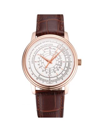 Swiss Patek Philippe Multi-Scale Chronograph White Dial Rose Gold Case Brown Leather Strap