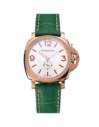 Panerai Radiomir White Dial Diamond Bezel Rose Gold Case Green Leather Strap 1453803