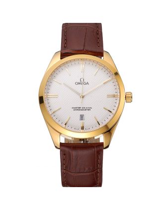 Omega Tresor Master Co-Axial White Dial Gold Case Brown Leather Strap