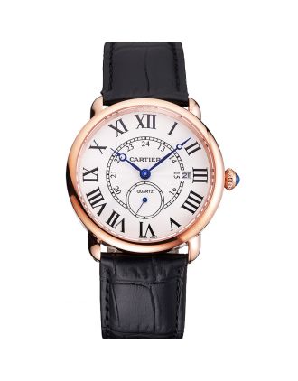 Cartier Ronde Louis Cartier White Dial Gold Case Black Leather Strap