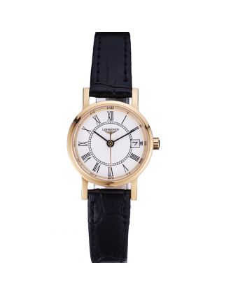 Longines La Grande Classique White Round Dial Gold Case Black Leather Band Small 622383
