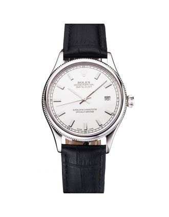 Swiss Rolex Datejust White Dial Stainless Steel Case Black Leather Strap