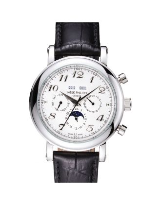 Patek Philippe Grand Complications Moon Phase White Dial Black Leather Bracelet