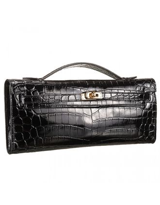 Hermes Kelly Longue Clutch Crocodile Leather Black 608165