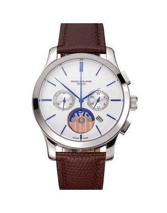 Patek Philippe Chronograph White Dial Blue Hands Stainless Steel Case Brown Leather Strap