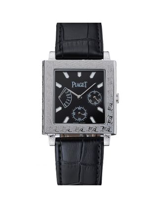Piaget Emperador Limited Edition Black Dial Engraved Silver Case Black Leather Bracelet 1454136