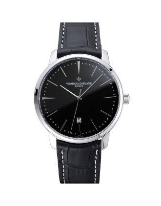 Swiss Vacheron Constantin Patrimony Black Dial Silver Case Black Leather Bracelet 1454156