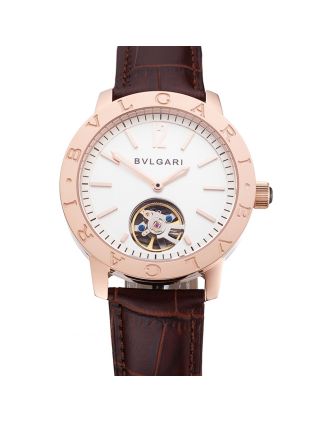 Bvlgari Tourbillon White Dial Gold Case Brown Leather Strap
