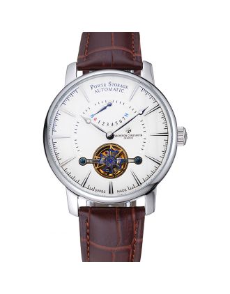 Vacheron Constantin Tourbillion Power Reserve White Dial Silver Case Brown Leather Bracelet 1454275