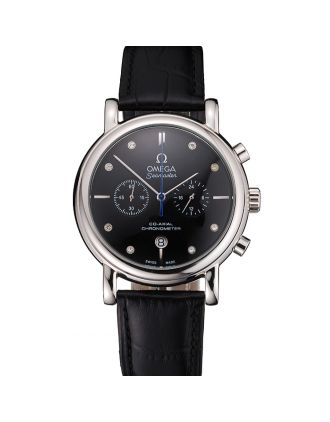 Omega Seamaster Vintage Chronograph Black Dial Diamond Hour Marks Stainless Steel Case Black Leather Strap
