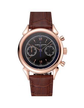 Swiss Vacheron Constantin Traditionnelle Chronograph Black Dial Gold Case Brown Leather Bracelet 1453995