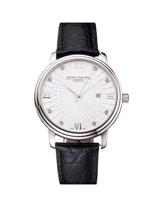 Patek Philippe Calatrava Date White Embossed Dial Stainless Steel Case Black Leather Strap