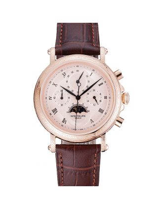 Patek Philippe Grand Complications Rose Gold Dial Engraved Rose Gold Case Brown Leather Bracelet 1454142