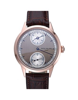 Patek Philippe Geneve Two Dial Gray Dial Rose Gold Bezel Brown Leather Band 622148