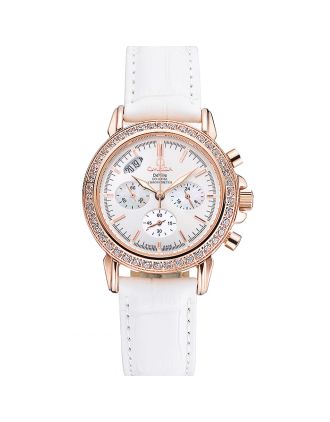 Omega Speedmaster Chronograph White Dial Gold Diamond Case White Leather Bracelet 622455
