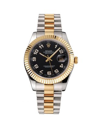 Swiss Rolex Datejust Black Dial Gold Bezel Stainless Steel Case Two Tone Bracelet
