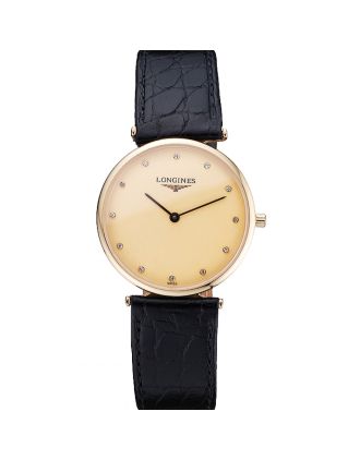 Longines La Grande Classique Champagne Dial Black Leather Band Diamond Markers Homme 622121