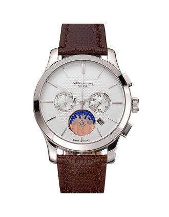 Patek Philippe Chronograph White Dial Stainless Steel Case Brown Leather Strap