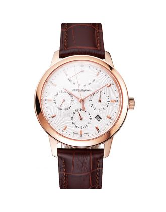 Swiss Vacheron Constantin Traditionnelle Power Reserve White Dial Rose Gold Case Brown Leather Strap