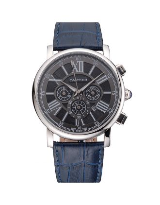 Cartier Rotonde Chronograph Black Dial Stainless Steel Case Blue Leather Strap