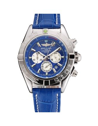 Breitling Chronomat Patrouille De France Blue Dial Stainless Steel Case Blue Leather Strap